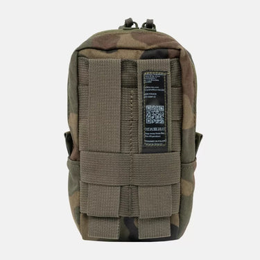 Camouflage mini field pouch back panel with MOLLE straps and QR info label