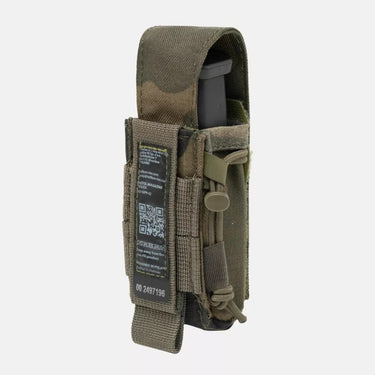 Field pistol magazine pouch in PL Woodland camo fabric, front label and bungee strap.