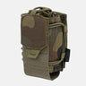 PL Woodland radio field pouch side view with secured flap, elastic cords, and MOLLE straps