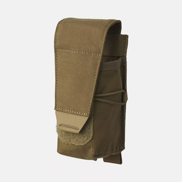Coyote brown grenade pouch with top flap, elastic retention loops, and MOLLE attachment