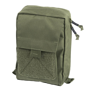 Olive green admin pouch with front flap, Velcro patch panel and side webbing strap loops