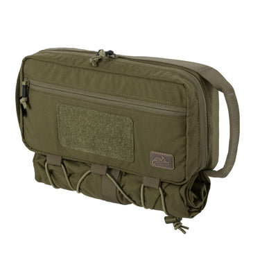 Olive green utility service case with front zip pocket, hook-and-loop patch panel, side handle.
