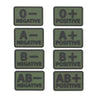 PVC blood type patch set in olive green, with O-, A-, B-, and AB- plus +/-