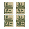 PVC blood type patch set in khaki/olive, with O-, A-, B-, and AB- plus +/-