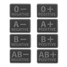 PVC blood type patch set in dark gray/black, with O-, A-, B-, and AB- plus +/-