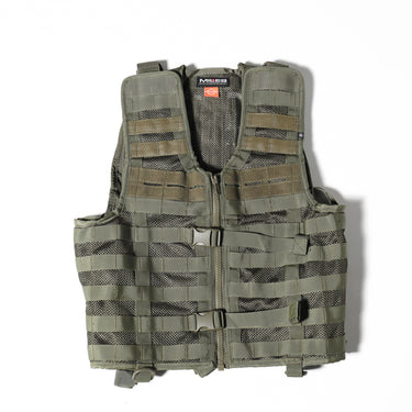 Olive tactical MOLLE vest with front zipper, padded panels, and grid webbing rows