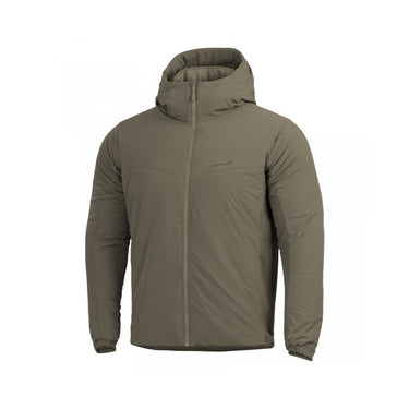 Olive green zip-up puffer jacket with hood and stand collar