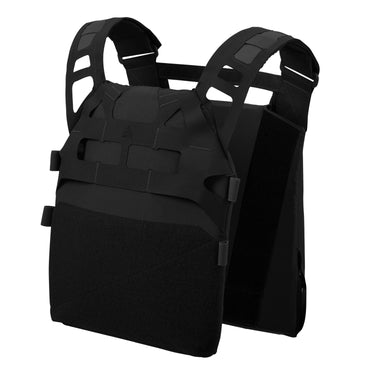 Black ultralight plate carrier with MOLLE front panel and adjustable shoulder straps