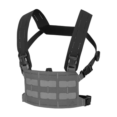 Tactical front rig interface with black adjustable straps and dark gray padded panel
