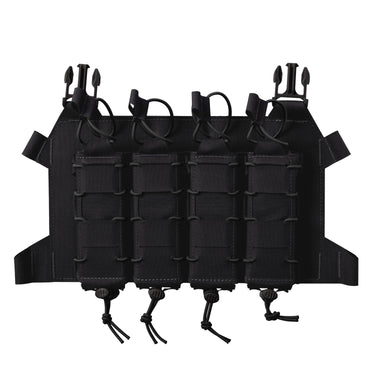 Skeletonized quad SMG magazine flap pouch in black with bungee cords