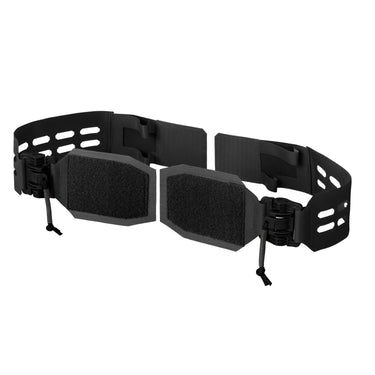 Black skeletonized cummerbund with two buckle closures and fabric panel inserts