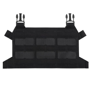 Black skeletonized plate carrier flap with six hook-and-loop cutout pockets