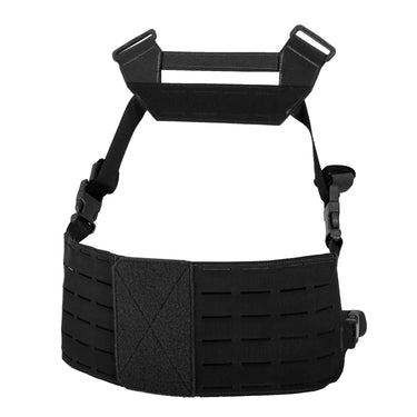 Chest rig interface with black fabric, MOLLE-style paneling and adjustable shoulder straps
