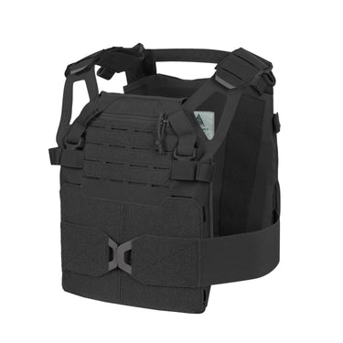 Black plate carrier with MOLLE front panel, padded straps, and side cummerbund