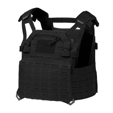 Black plate carrier vest with MOLLE front panel and adjustable shoulder straps