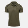 Olive military polo shirt with button placket, collar, and camo shoulder panels