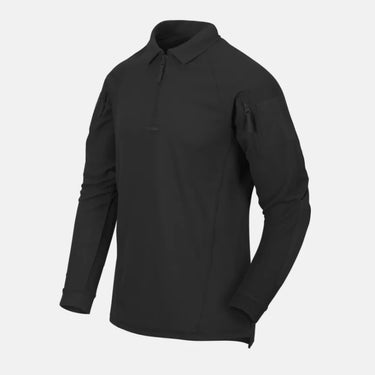 Helikon Range polo shirt, black long-sleeve with button collar
