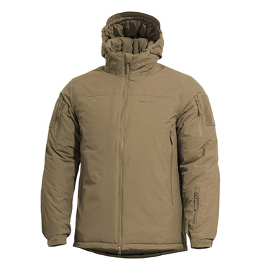 Tan parka with hood, front zipper, and side utility pockets