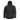 Black hooded parka with full zip, sleeve text logo, ribbed cuffs
