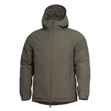 Coyote hooded parka with full zip, sleeve text logo, ribbed cuffs