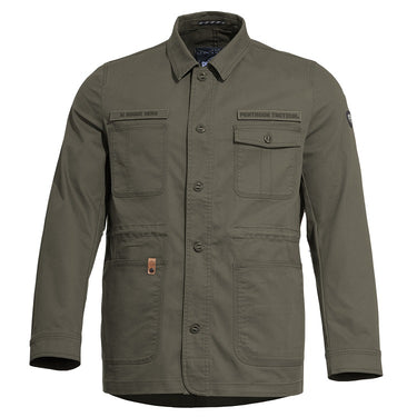 Gray field jacket with button front, flap chest pocket, and sleeve badge