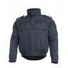 Midnight blue puffer jacket with hood, full zip, stand collar, back patch panel
