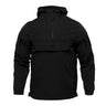 Black anorak jacket with hood, front zip, and chest flap pocket
