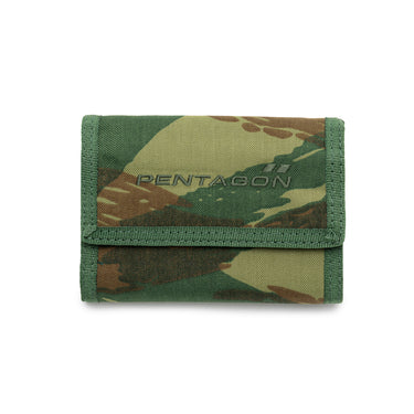 Green camouflage fabric wallet with snap flap and embossed logo.