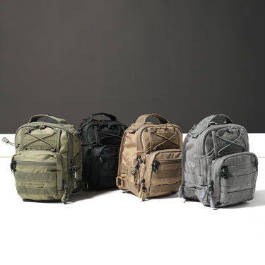 Assorted color chest bags with multiple front zip compartments and MOLLE-style straps