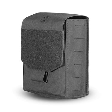 Wolf grey SAW drum pouch with hook-and-loop flap and side loop panel