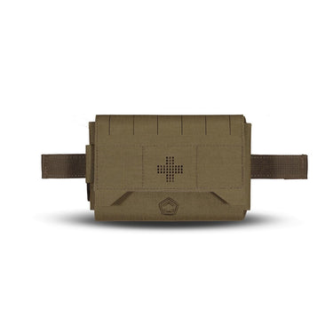 Horizontal medical pouch in khaki fabric with ventilation dot panel and shield logo.