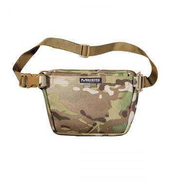 Camouflage sling pouch with front zip pocket and adjustable strap, multicolor desert pattern
