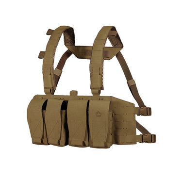 Coyote recon chest rig with MOLLE front pouches and adjustable shoulder straps