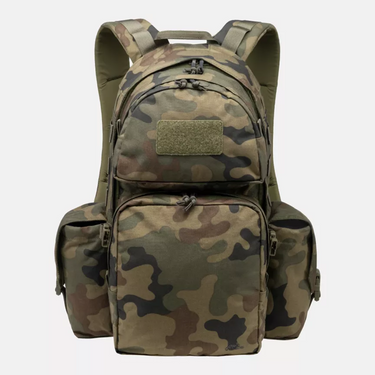 Helikon Ambush camouflage backpack, front view with zip pockets and side pouches
