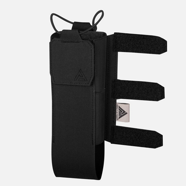 Radio comms wing module pouch with three side straps, black fabric with looped tabs