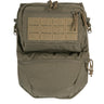 Utility back panel in olive green with top hook-and-loop patch panel and zipper pocket