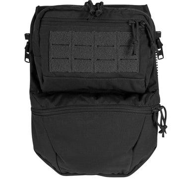 Utility back panel in black with top hook-and-loop patch panel and front zipper pocket