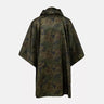 Camo hooded poncho with draped short-sleeve shape, olive green and dark blue pattern