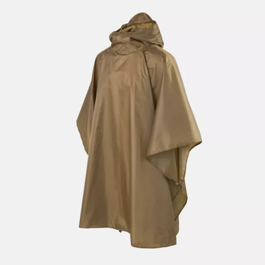Lightweight poncho with hood, tan, snap button front, side cape panels
