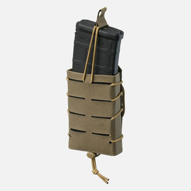 Tactical speed reload rifle pouch with black top and tan webbing straps