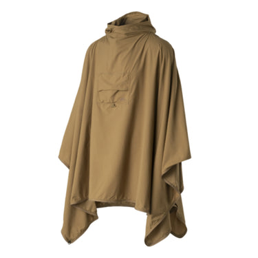 Hooded scarf poncho in coyote color with front pocket and draped hood