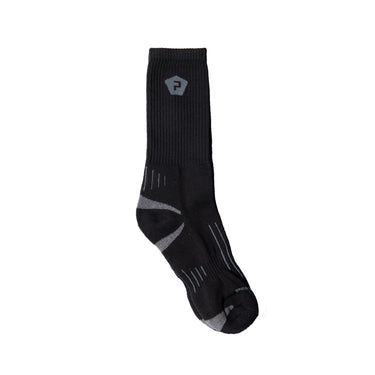 Black crew socks with ribbed texture, Pentagon logo, and gray heel-toe pattern accents