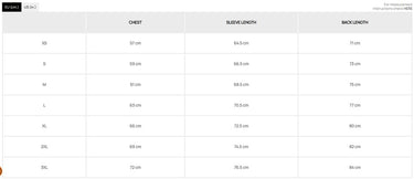 Size chart table listing chest, sleeve length, and back length measurements