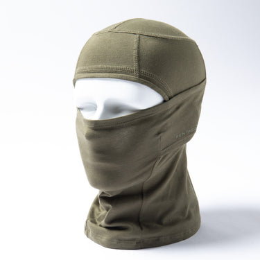 Olive green balaclava with face opening and fold-over neck cover, side view on mannequin