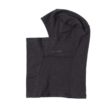 Black balaclava with face opening and high neck panel, flat lay view