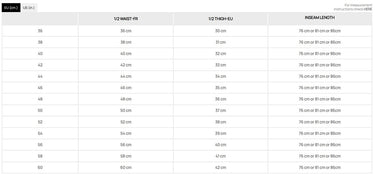 Hiking pants size chart with waist and inseam measurement table