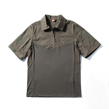 Olive-gray short-sleeve tactical polo shirt with zip chest placket