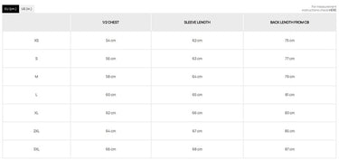 Size chart table with chest, sleeve length, and back length by size