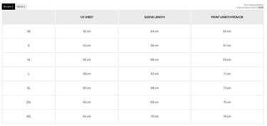 Size chart table listing garment, sleeve, and front length measurements