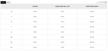 Size chart table with measurements for chest, sleeve length, and center front length